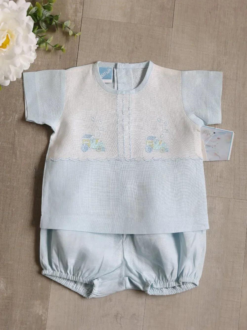 Boy's Heirloom Blue and White Linen Diaper Set Train Engine Size 0-3 Months NWT